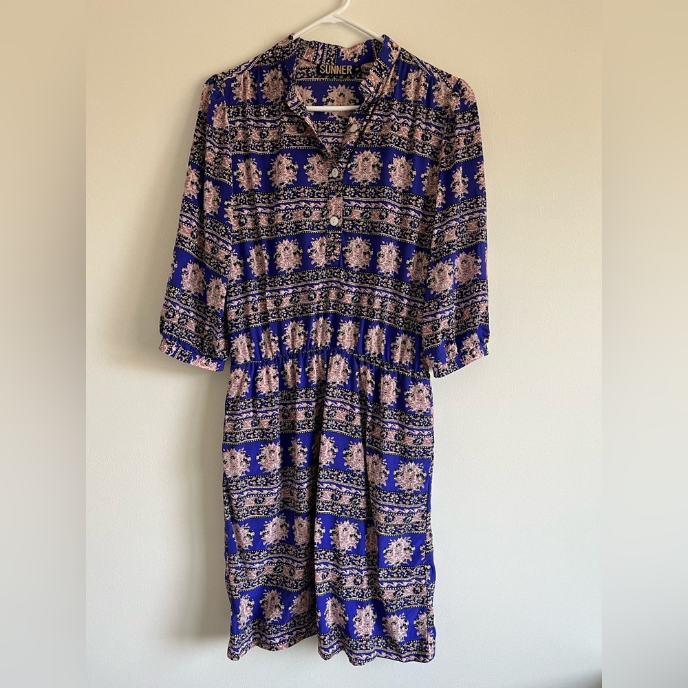 EUC Anthropologie Brand-Sunner. 100% Silk Blue Pattern Shirt Dress. Size medium.